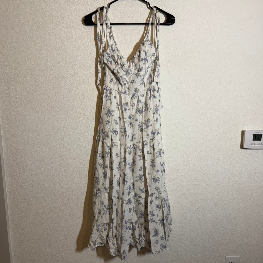 Trixxi Floral Tie Shoulder Tiered Midi Dress White Blue Smocked Back XS‎